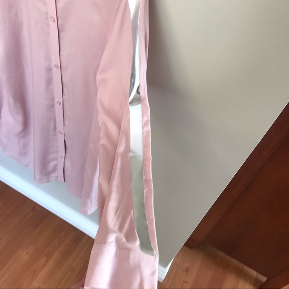 DKNY | Button Down Long Sleeve Pink Shirt Dress w/ Silver Accents & Pockets - Picture 6 of 16